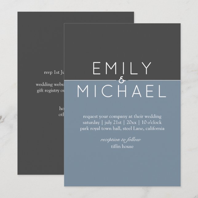 Steel Blue Modern Wedding Invitation - Bold (Front/Back)