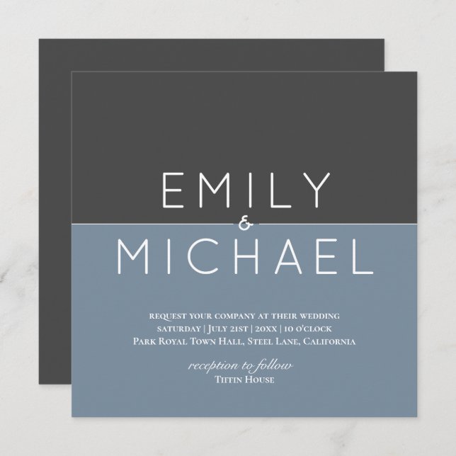 Steel Blue Modern Wedding Invitation - Bold (Front/Back)