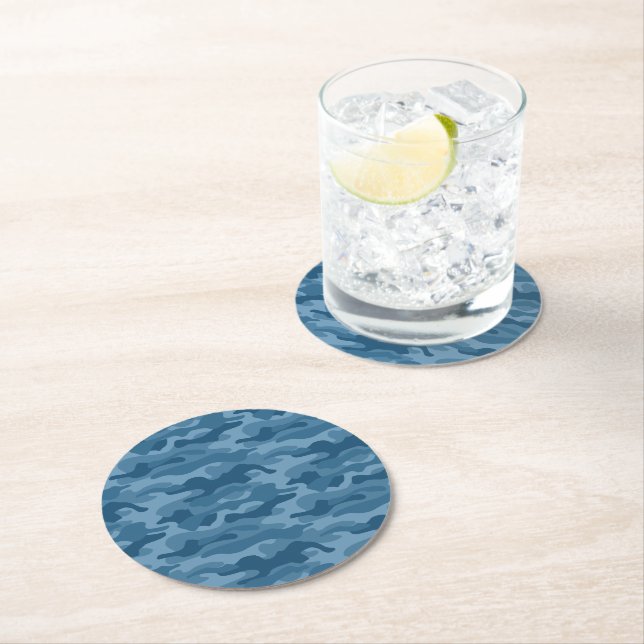 Steel Blue Monocolor Camo Round Paper Coaster (Insitu)
