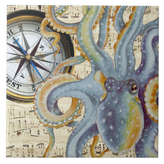 Steel Blue Octopus Music Compass Ceramic Tile (Front)