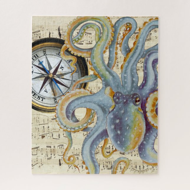 Steel Blue Octopus Music Compass Jigsaw Puzzle (Vertical)
