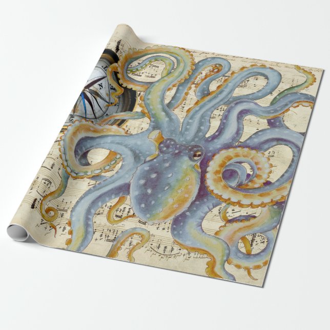 Steel Blue Octopus Music Compass Wrapping Paper (Unrolled)