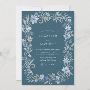 Steel Blue Ornate Winter Wedding Invitation
