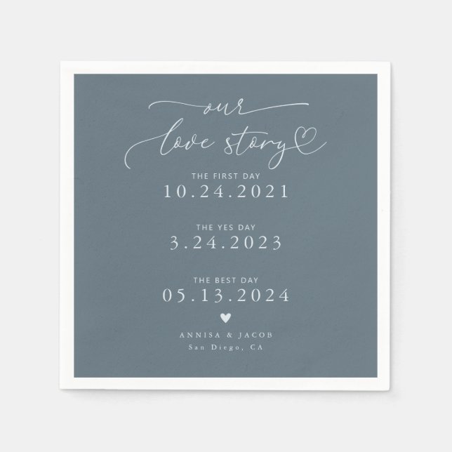 Steel Blue Our Love Story Elegant Script Wedding Napkin (Front)
