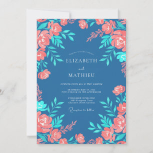 Steel Blue Peach Floral Wedding Invitation
