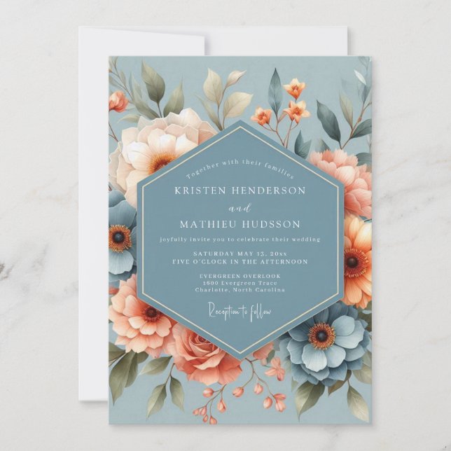 Steel Blue Peach Romantic Wedding Invitation (Front)