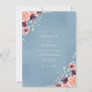 Steel Blue Plum Watercolor Wedding Invitation