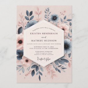Steel Blue Poetic Anemone Wedding Invitation