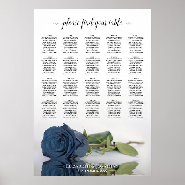 Steel Blue Rose 20 Table Wedding Seating Chart (Front)