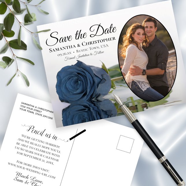 Steel Blue Rose Oval Photo Wedding Save The Date Announcement Postcard (Creator Uploaded)