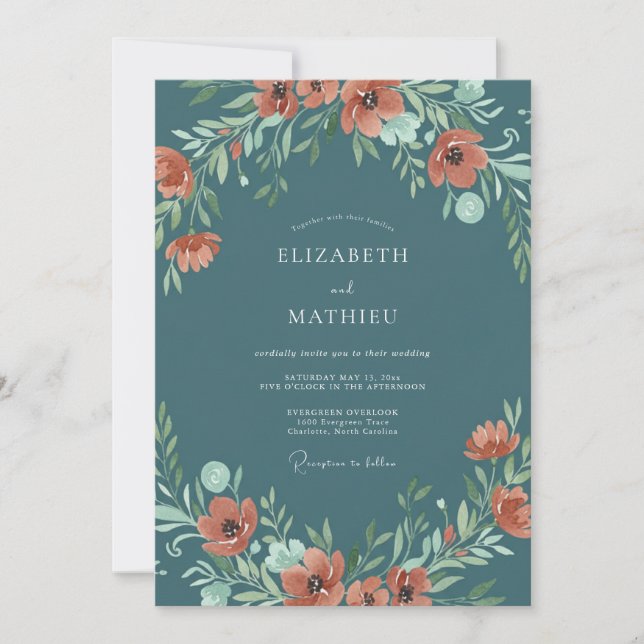 Steel Blue Rust Floral Wedding Invitation (Front)