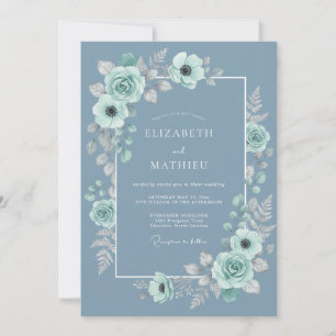 Steel Blue Serene Botanical Wedding Invitation