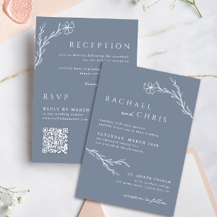 Steel Blue Simple Boho Floral Botanical QR Code Invitation