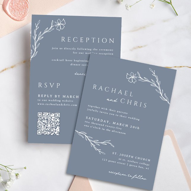 Steel Blue Simple Boho Floral Botanical QR Code Invitation (Creator Uploaded)