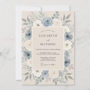 Steel Blue Sophisticated Floral Wedding Invitation