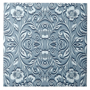 Steel Blue Symmetrical Embossed Floral Design Ceramic Tile