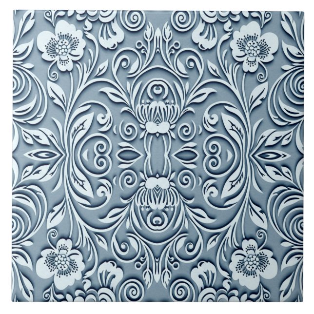 Steel Blue Symmetrical Embossed Floral Design  Ceramic Tile (Front)