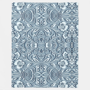 Steel Blue Symmetrical Embossed Floral Design Fleece Blanket