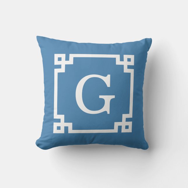 Steel Blue Wht Greek Key Frame #2 Initial Monogram Cushion (Front)
