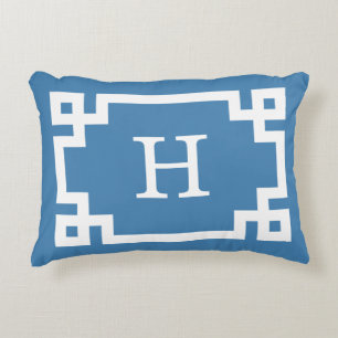 Steel Blue Wht Greek Key Frame #2 Initial Monogram Decorative Cushion