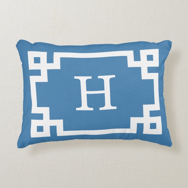 Steel Blue Wht Greek Key Frame #2 Initial Monogram Decorative Cushion (Front)