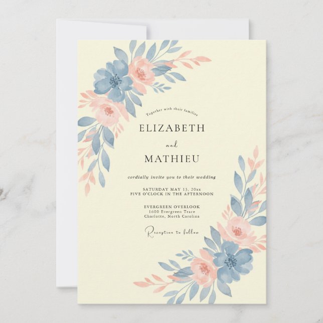 Steel Blue Yellow Peony Wedding Invitation (Front)