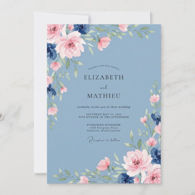 Steel Blush Petal Wedding Invitation (Front)