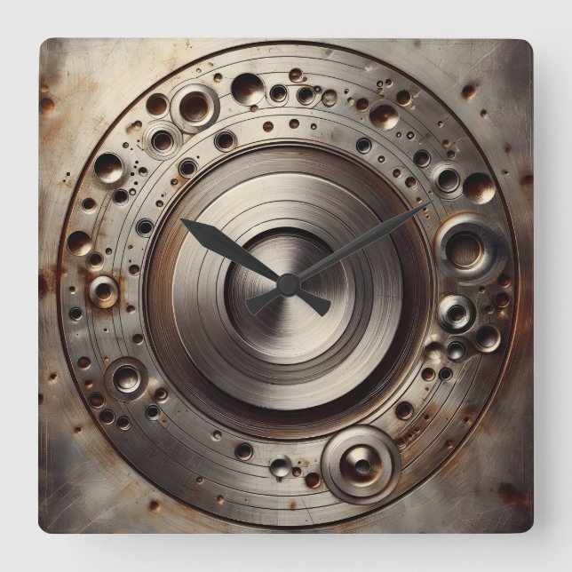 steel circles, dents and pits square wall clock (Front)