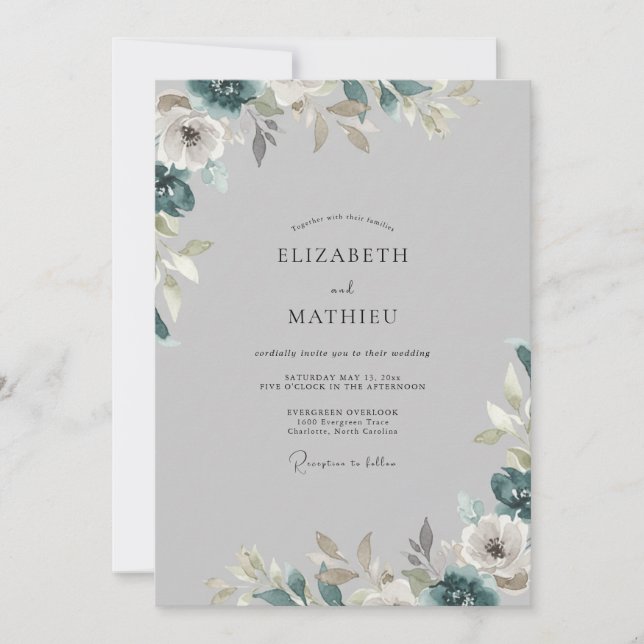 Steel Cool Grey Leafy Wedding Invitation (Front)