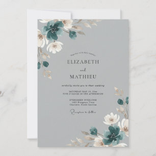 Steel Cyan Peony Wedding Invitation