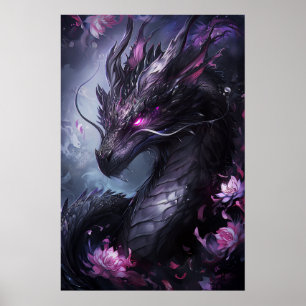 Steel Dragon in Flowers - Dark Cool Poster
