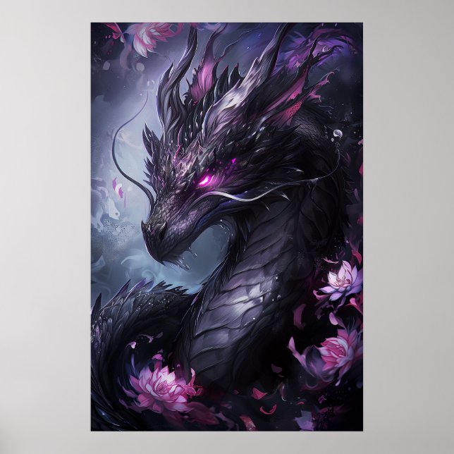 Steel Dragon in Flowers - Dark Cool Poster (Front)