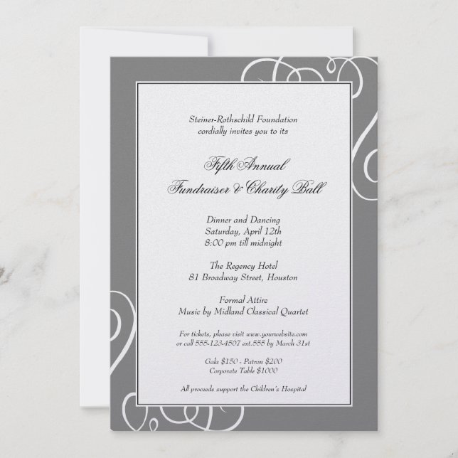 Steel grey frame enchanted swirl gala formal event invitation (Front)