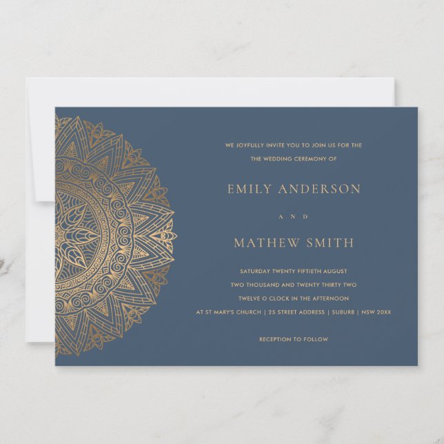 STEEL GREY GOLD CLASSIC ORNATE MANDALA WEDDING INVITATION (Front)