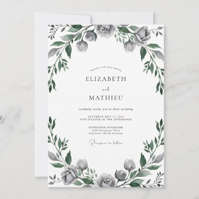 Steel Grey Leafy Wedding Invitation (Front)
