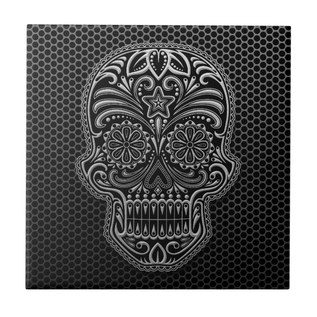 Steel Mesh Sugar Skull Ceramic Tile (Front)