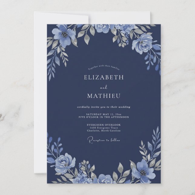 Steel Periwinkle Bloom Wedding Invitation (Front)