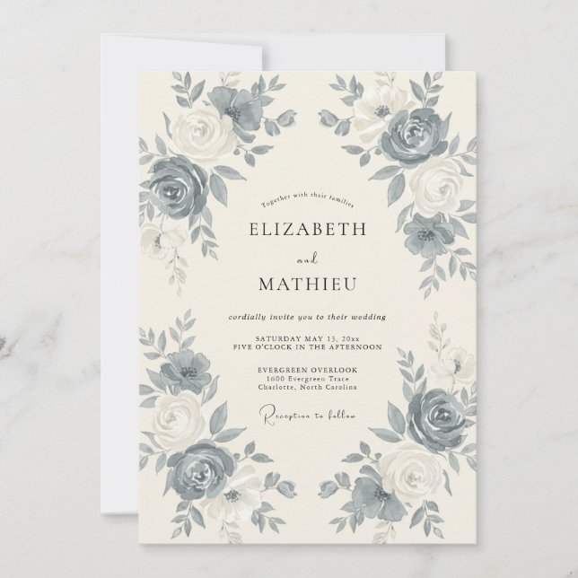 Steel Slate Antique Rose Wedding Invitation (Front)