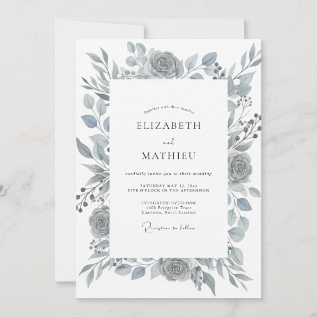 Steel Slate Rose Wedding Invitation (Front)