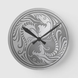 Steel Yin Yang Dragons Round Clock