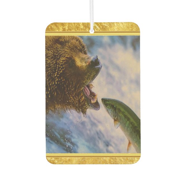 Steelhead salmon jumping into grizzly bears mouth car air freshener (Front)