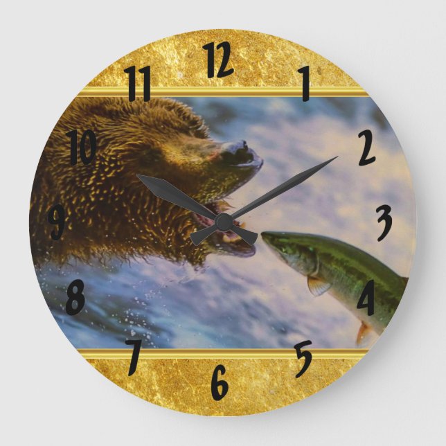 Steelhead salmon jumping into grizzly bears mouth large clock (Front)