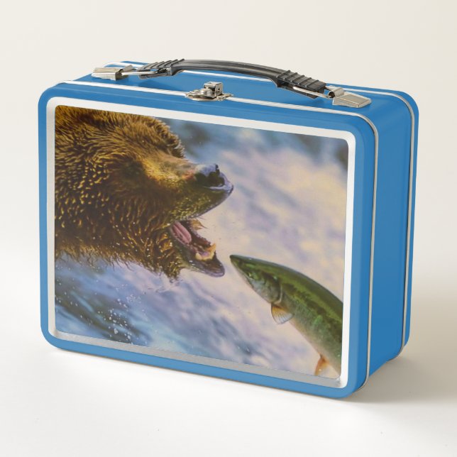 Steelhead salmon jumping into grizzly bears mouth metal lunch box (Front)