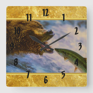 Steelhead salmon jumping into grizzly bears mouth square wall clock