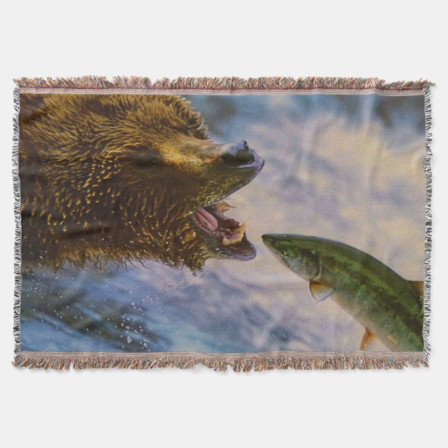 Steelhead salmon jumping into grizzly bears mouth throw blanket (Front)
