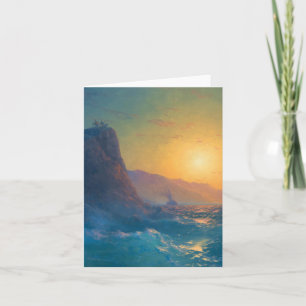 Steep rocky coast and a rough sea at sunset card
