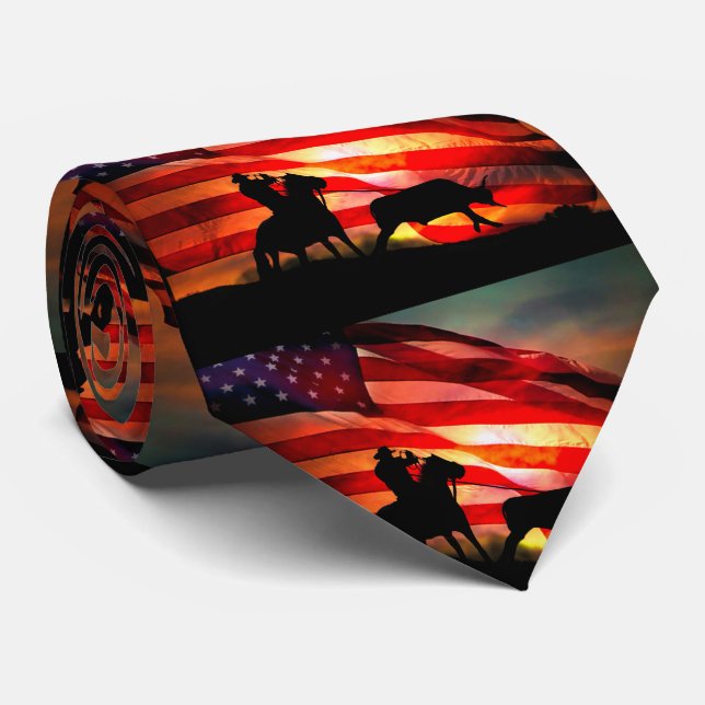Steer Roping Cowboy and Horse with American Flag Tie (Rolled)