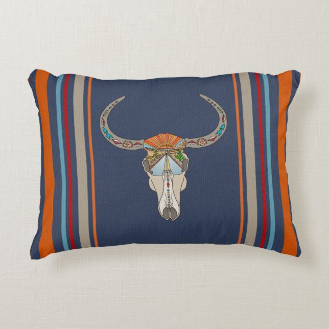 Steer Skull Southwest Desert Sunset Stripes Decorative Cushion (Front)