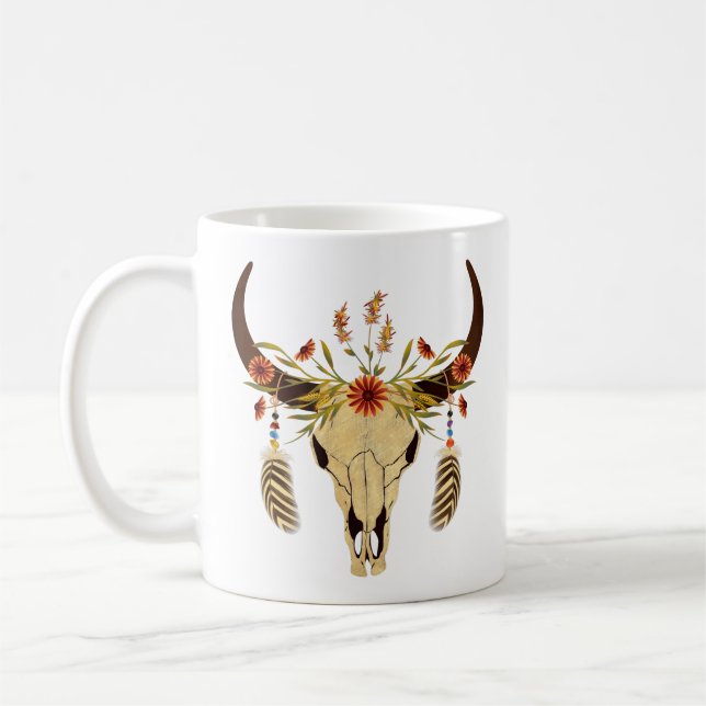 Steer Skull With Flowers and Feathers Coffee Mug (Left)