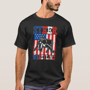 Steer Wrestling Patriotic American Flag Rodeo Bull T-Shirt